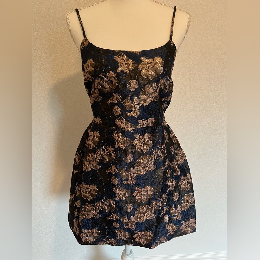 Lulu's Women Navy Floral Jacquard Lace-Up Mini Dress Size:S